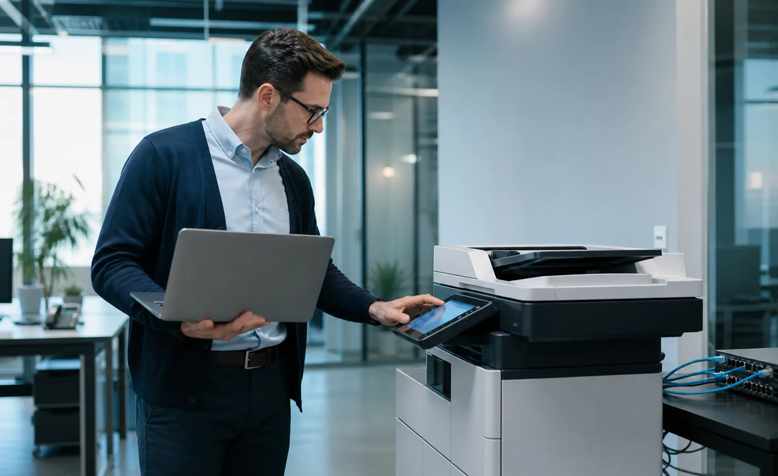 Professional technician configuring a multifunction printer in a modern office